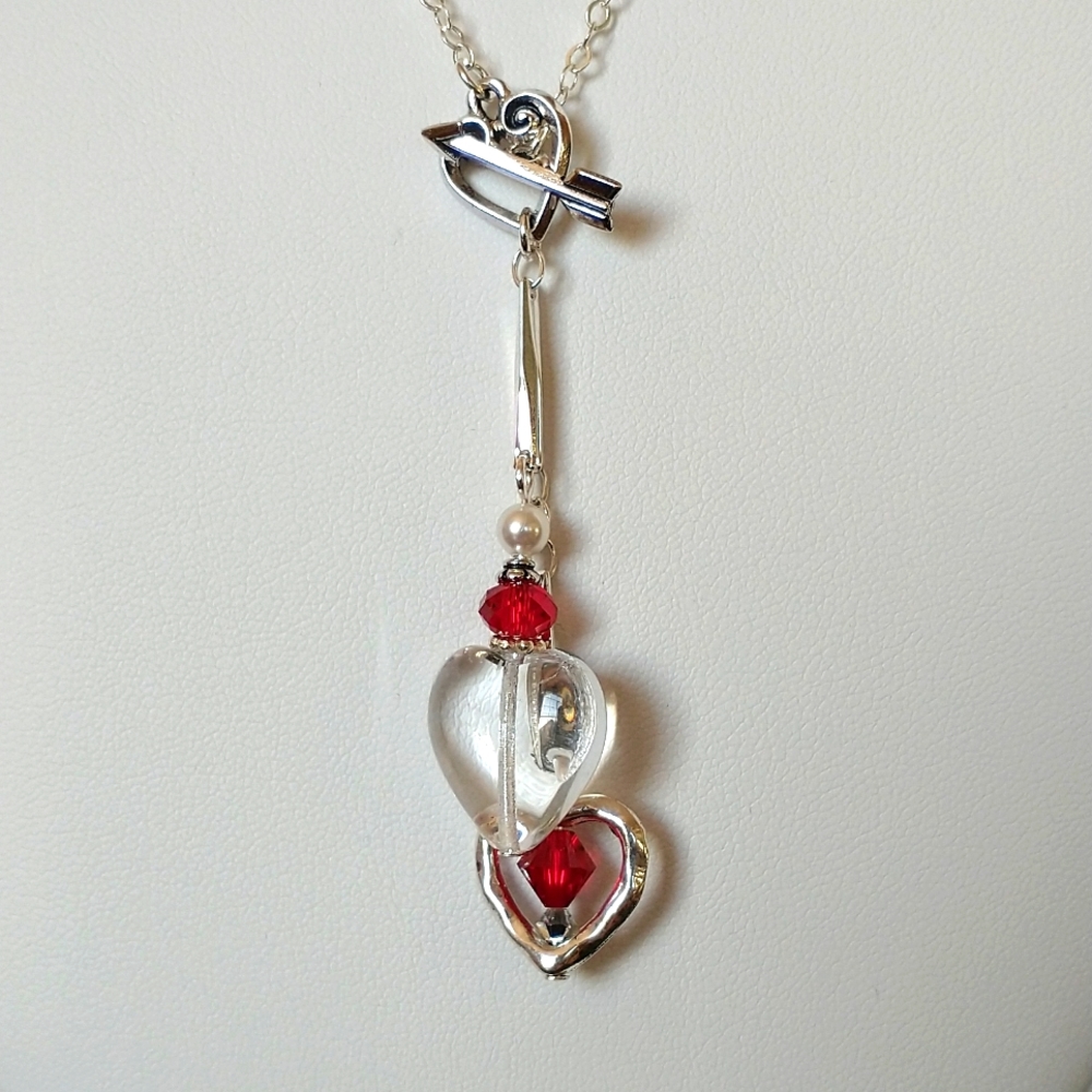 Handmade heart necklace in red and silver
